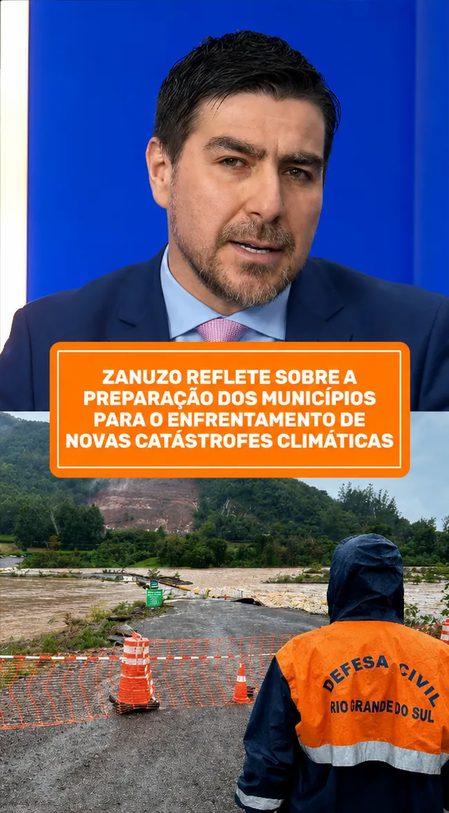 Frame do programa Atualidades Pampa com comentário sobre prevenção a catástrofes climáticas