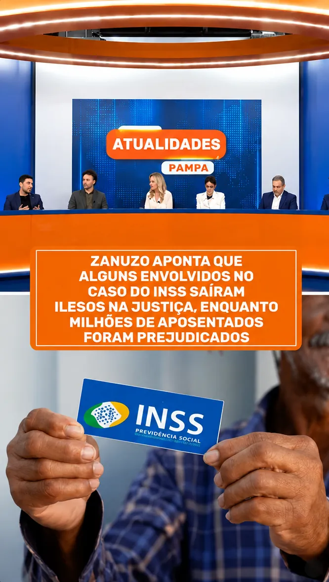 Frame do programa Atualidades Pampa com manchete sobre o caso do INSS